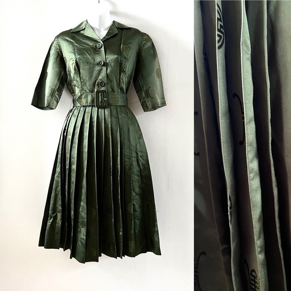 1950s Emerald Green Silk Party Dress Chinese Prom Dress Vintage Satin - Picture 2 of 8